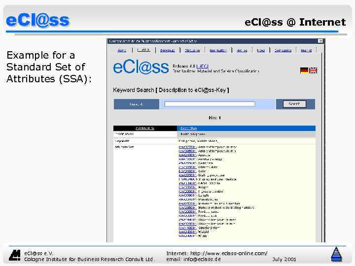 e. Cl@ss @ Internet Example for a Standard Set of Attributes (SSA): e. Cl@ss