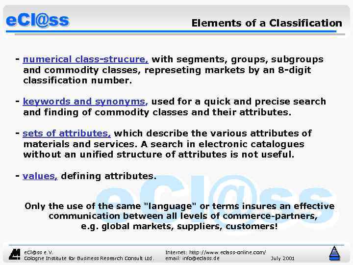 Elements of a Classification - numerical class-strucure, with segments, groups, subgroups and commodity classes,