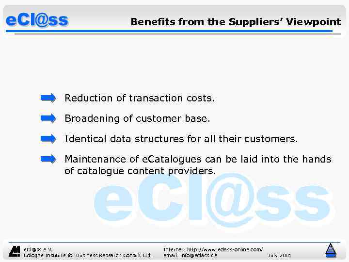 Benefits from the Suppliers’ Viewpoint Reduction of transaction costs. Broadening of customer base. Identical