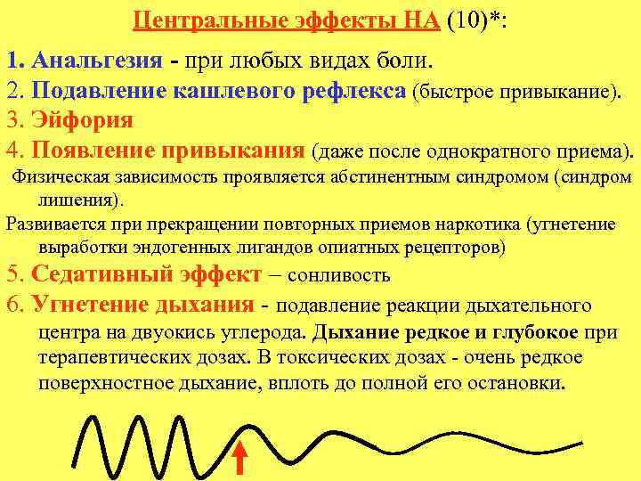 Центральные эффекты НА (10)*: 1. Анальгезия - при любых видах боли. 2. Подавление кашлевого