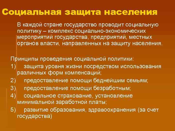 Социальная защита населения В каждой стране государство проводит социальную политику – комплекс социально-экономических мероприятий