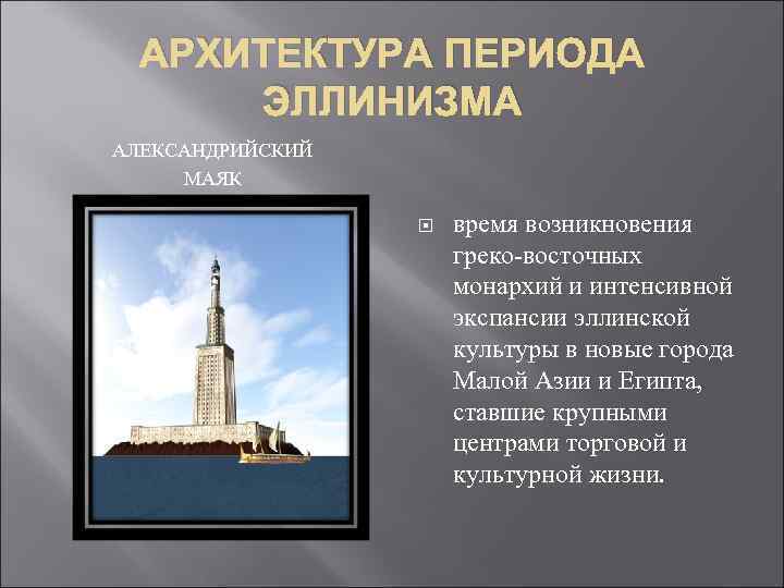 АРХИТЕКТУРА ПЕРИОДА ЭЛЛИНИЗМА АЛЕКСАНДРИЙСКИЙ МАЯК время возникновения греко-восточных монархий и интенсивной экспансии эллинской культуры