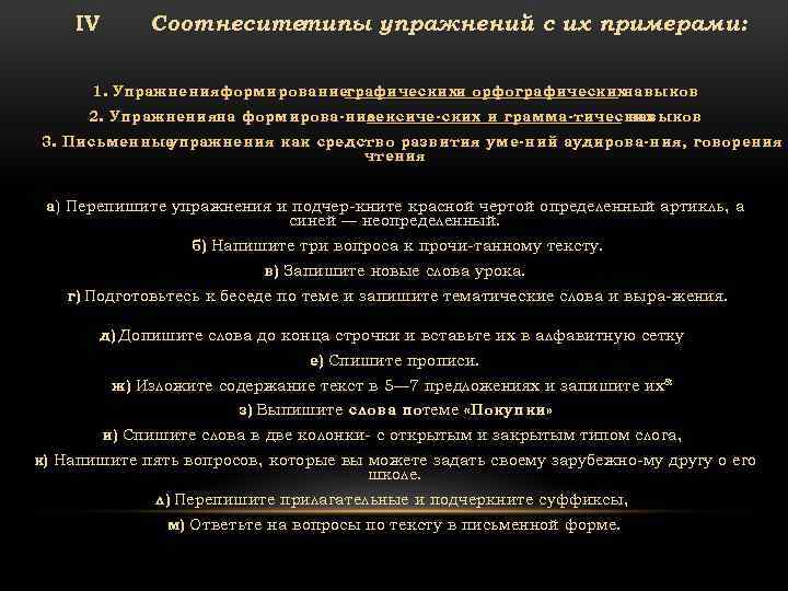 IV Соотнеситетипы упражнений с их примерами: 1. Упражненияформированиеграфическихи орфографических навыков 2. Упражненияна формирова ние