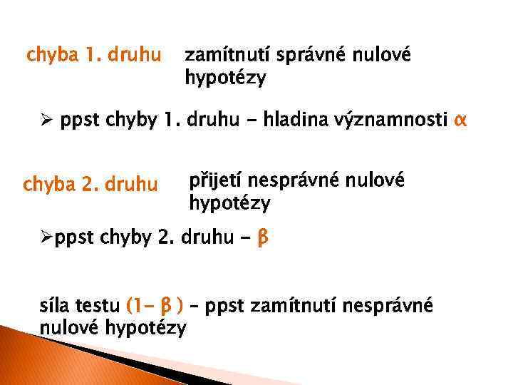 chyba 1. druhu zamítnutí správné nulové hypotézy Ø ppst chyby 1. druhu - hladina