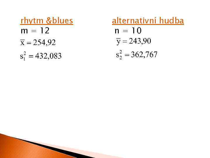 rhytm &blues m = 12 alternativní hudba n = 10 