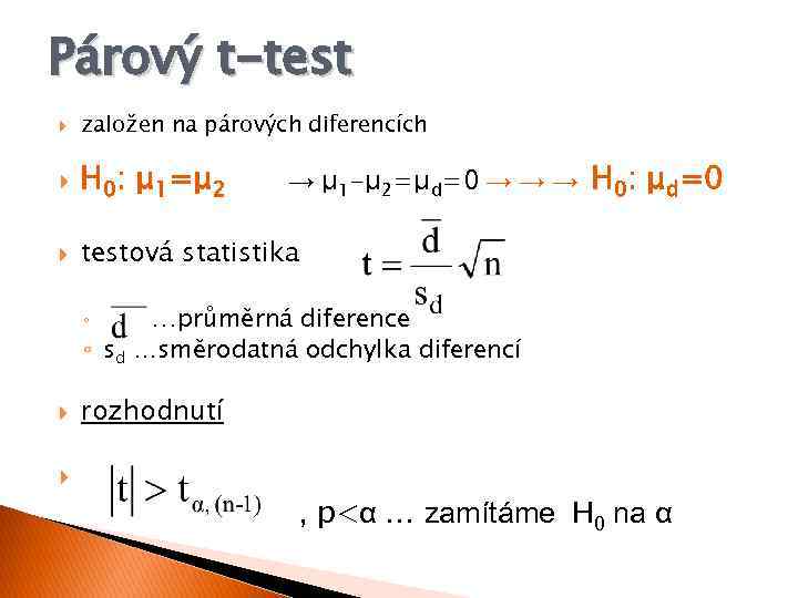 Párový t-test založen na párových diferencích H 0: μ 1=μ 2 testová statistika ◦