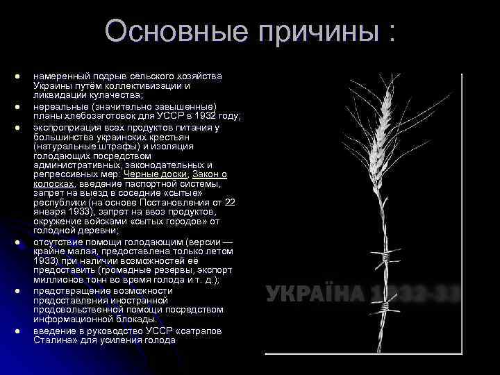 Основные причины : l l l намеренный подрыв сельского хозяйства Украины путём коллективизации и