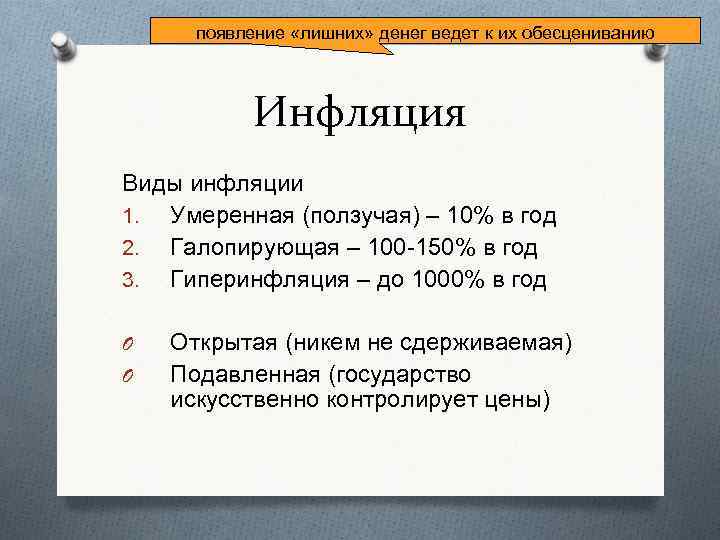 появление «лишних» денег ведет к их обесцениванию Инфляция Виды инфляции 1. Умеренная (ползучая) –