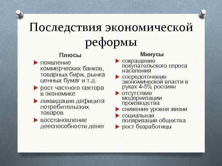 Последствия экономической реформы Плюсы появление коммерческих банков, товарных бирж, рынка ценных бумаг и т.