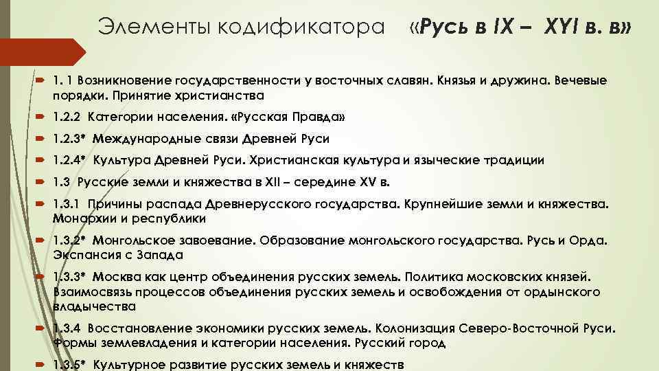 Элементы кодификатора «Русь в IX – XYI в. в» 1. 1 Возникновение государственности у