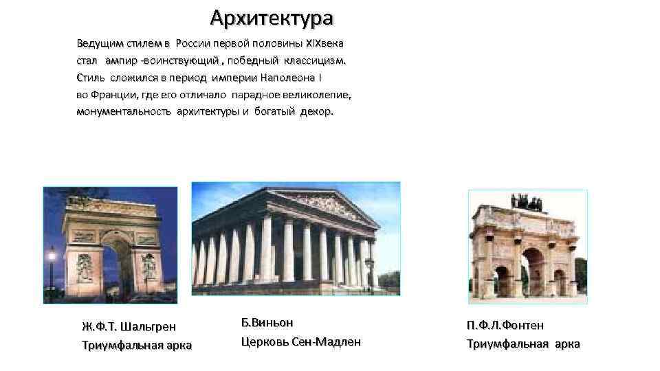 Архитектура Ведущим стилем в России первой половины XIXвека стал ампир -воинствующий , победный классицизм.