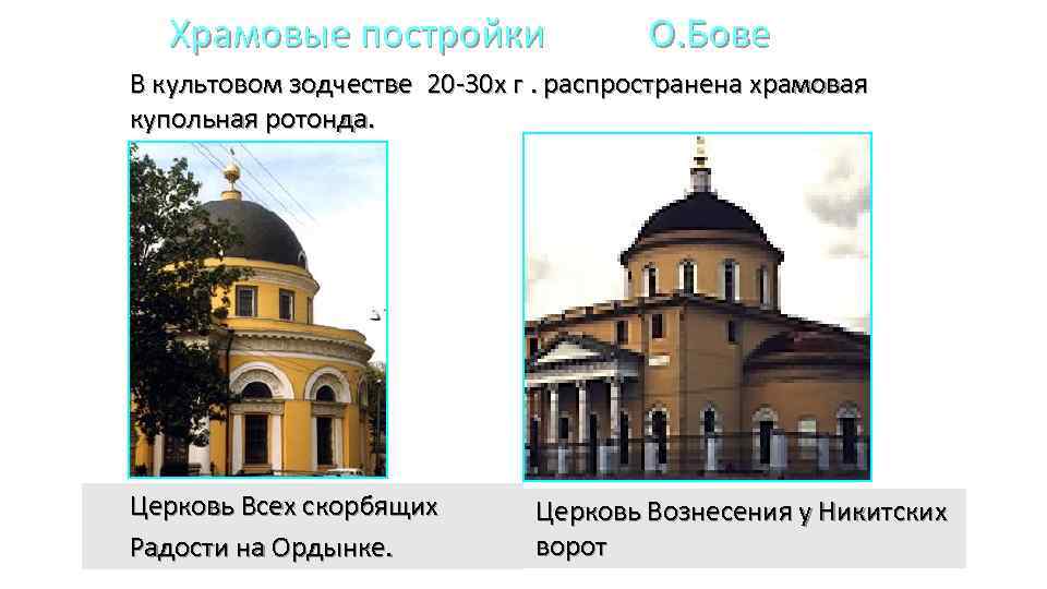 Храмовые постройки О. Бове В культовом зодчестве 20 -30 х г. распространена храмовая купольная