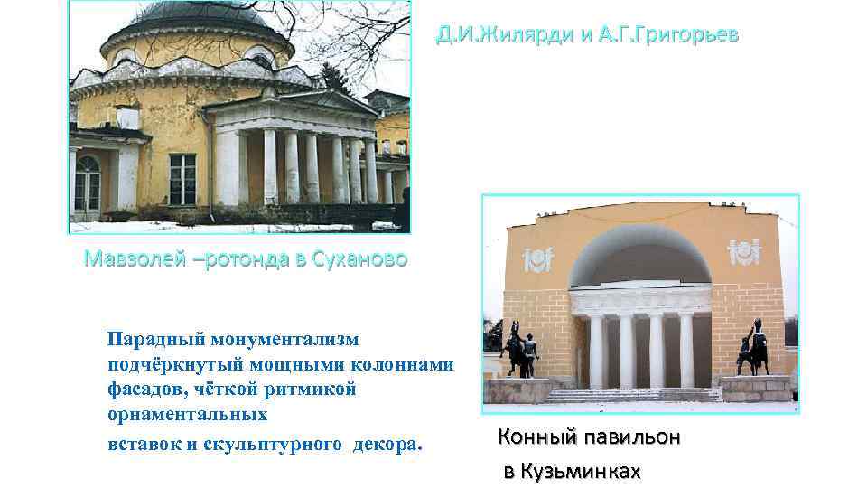 Д. И. Жилярди и А. Г. Григорьев Мавзолей –ротонда в Суханово Парадный монументализм подчёркнутый