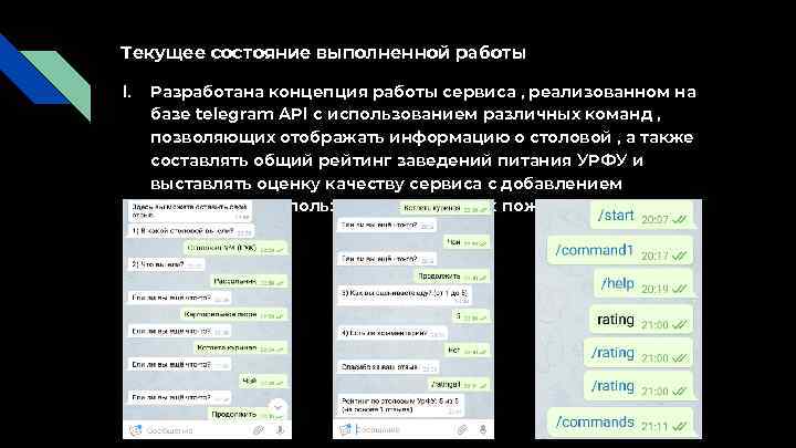 Текущее состояние выполненной работы I. Разработана концепция работы сервиса , реализованном на базе telegram