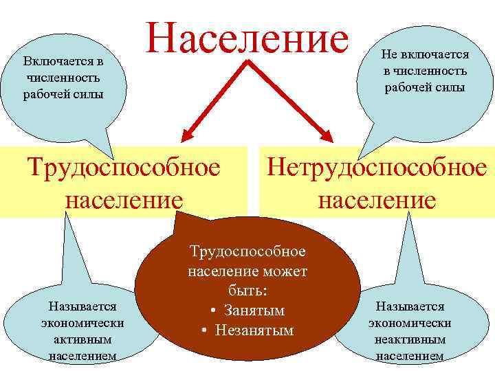 Включается в численность рабочей силы Население Трудоспособное население Называется экономически активным населением Не включается