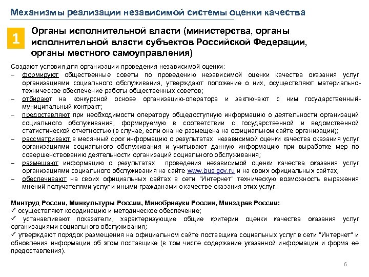 Механизмы реализации независимой системы оценки качества 1 Органы исполнительной власти (министерства, органы исполнительной власти