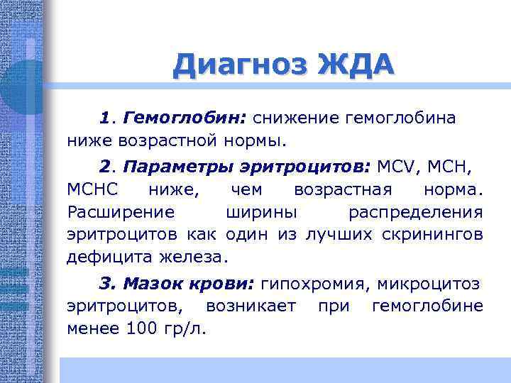 Диагноз ЖДА 1. Гемоглобин: снижение гемоглобина ниже возрастной нормы. 2. Параметры эритроцитов: МСV, MCHC