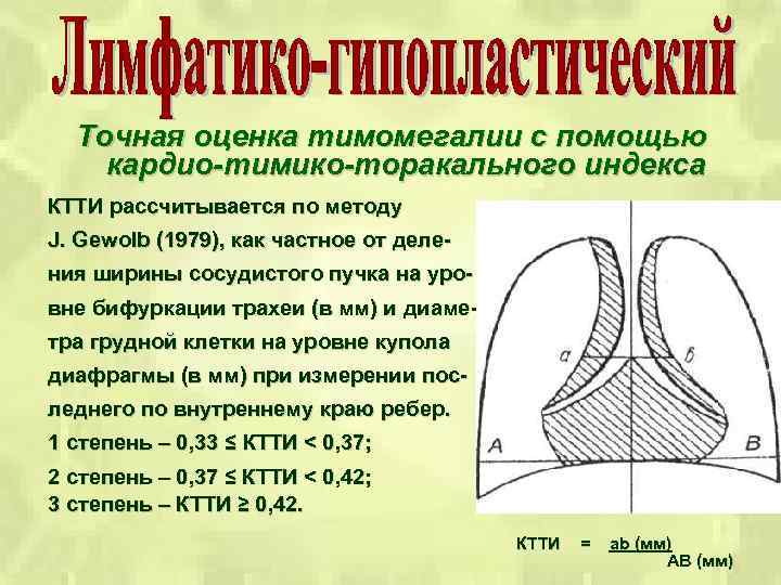 Точная оценка тимомегалии с помощью кардио-тимико-торакального индекса КТТИ рассчитывается по методу J. Gewolb (1979),