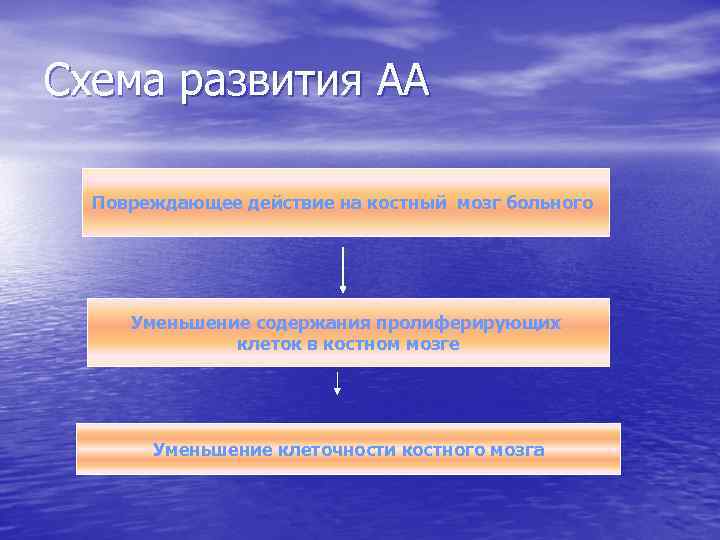 Схема развития АА Повреждающее действие на костный мозг больного Уменьшение содержания пролиферирующих клеток в