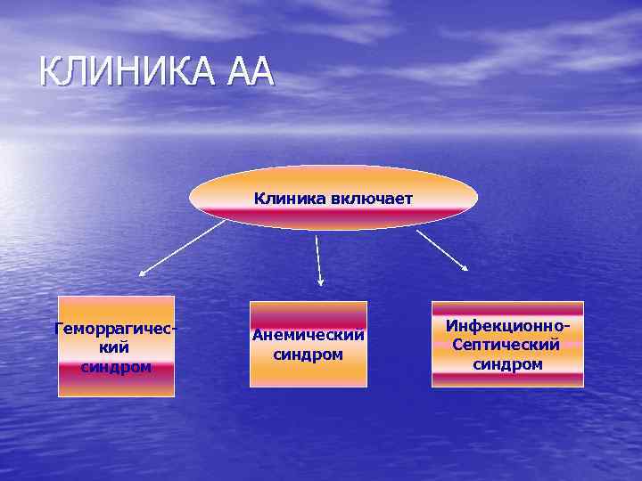 КЛИНИКА АА Клиника включает Геморрагический синдром Анемический синдром Инфекционно. Септический синдром 