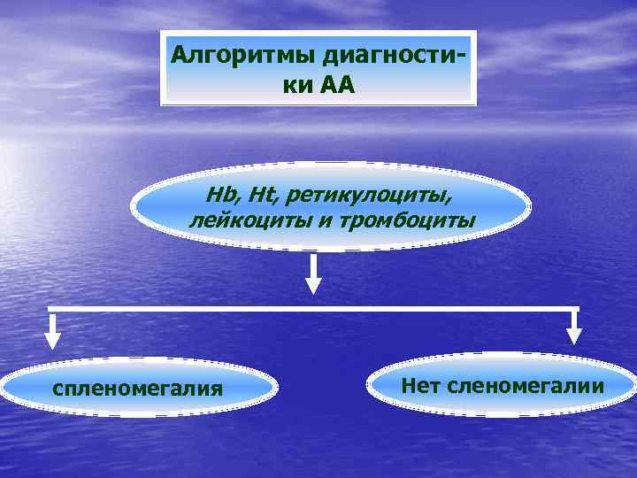 Алгоритмы диагностики АА Hb, Ht, ретикулоциты, лейкоциты и тромбоциты спленомегалия Нет сленомегалии 