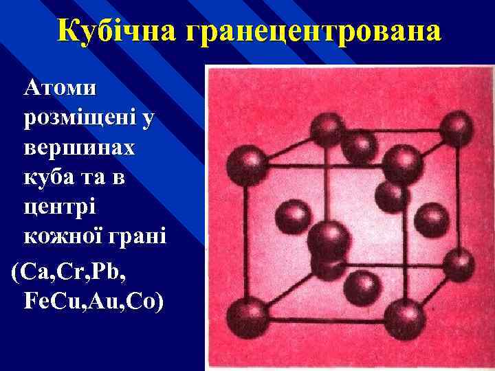 Кубічна гранецентрована Атоми розміщені у вершинах куба та в центрі кожної грані (Ca, Cr,