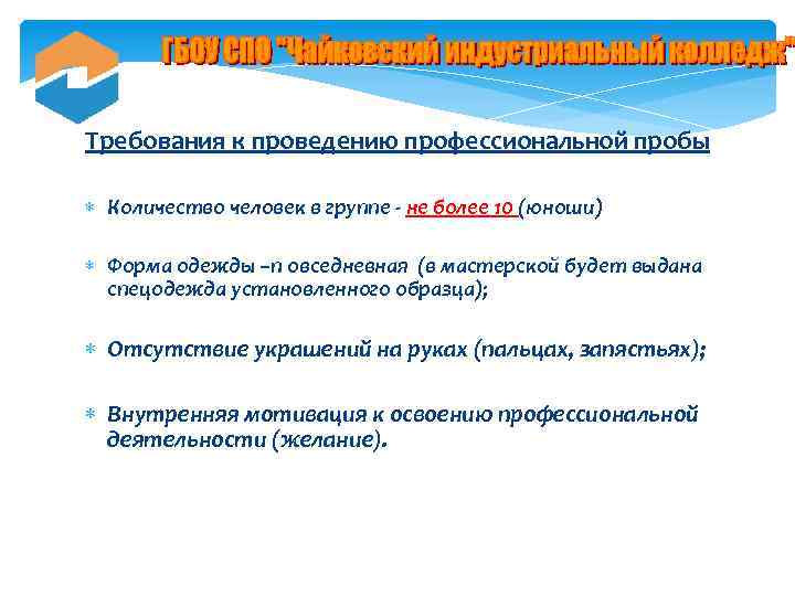 Требования к проведению профессиональной пробы Количество человек в группе - не более 10 (юноши)