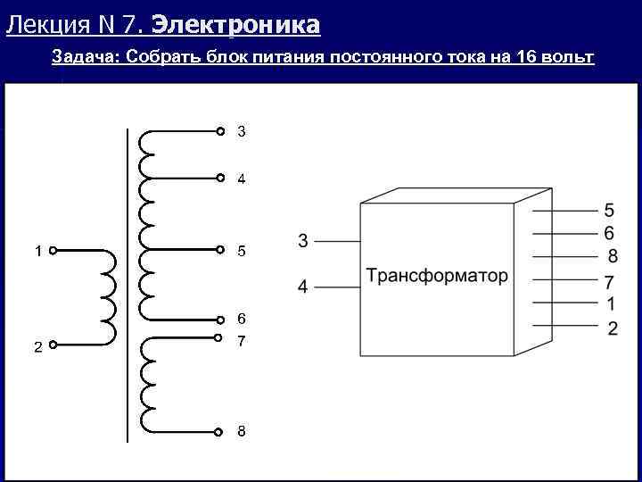 Лекция N 7. Электроника Задача: Собрать блок питания постоянного тока на 16 вольт 