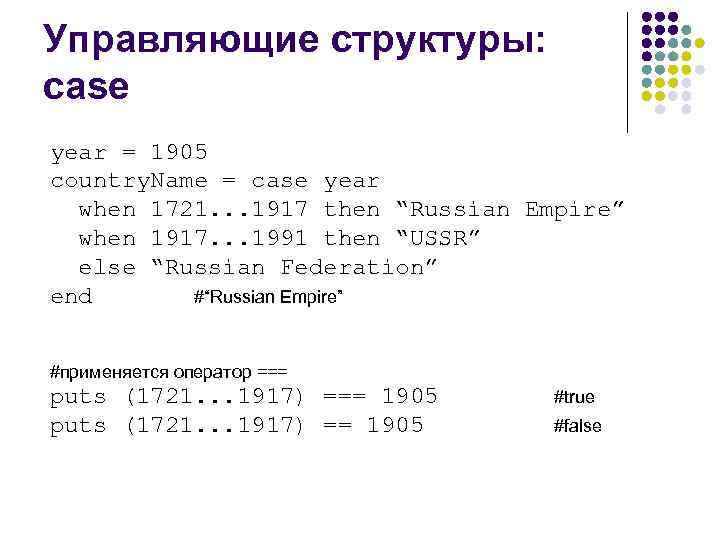 Управляющие структуры: case year = 1905 country. Name = case year when 1721. .