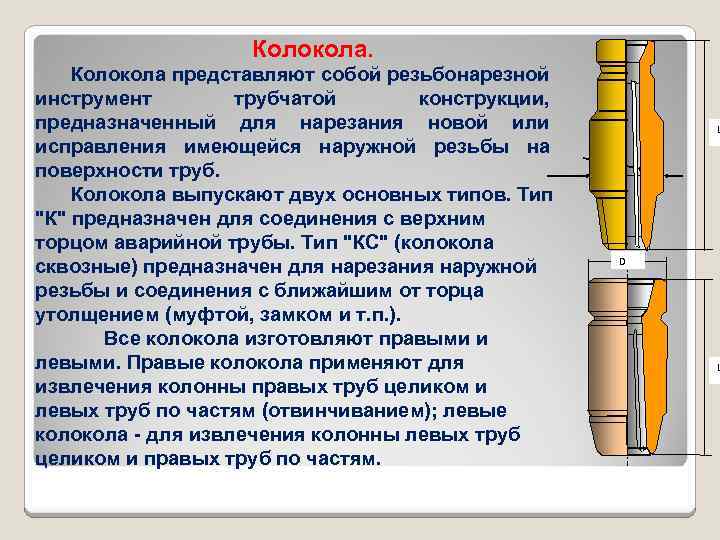 Колокола представляют собой резьбонарезной инструмент трубчатой конструкции, предназначенный для нарезания новой или исправления имеющейся