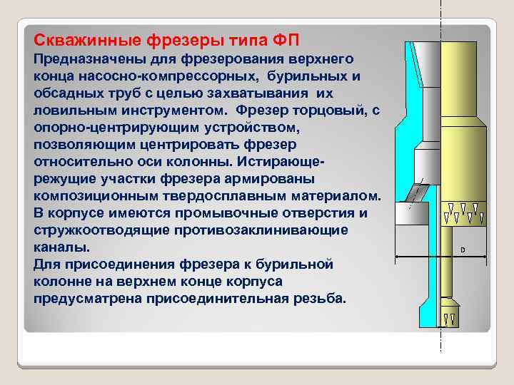 Скважинные фрезеры типа ФП Предназначены для фрезерования верхнего конца насосно-компрессорных, бурильных и обсадных труб