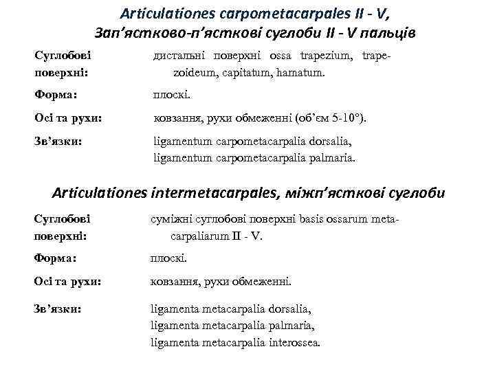 Articulationes carpometacarpales II - V, Зап’ястково-п’ясткові суглоби II - V пальців Суглобові поверхні: дистальні