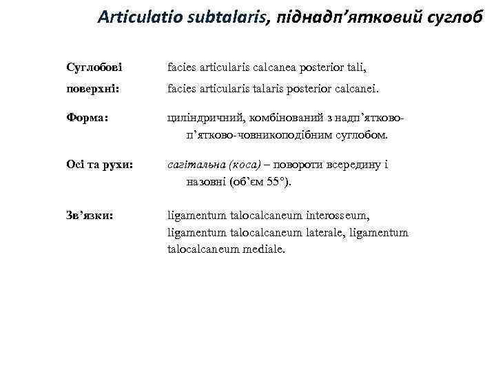 Articulatio subtalaris, піднадп’ятковий суглоб Суглобові facies articularis calcanea posterior tali, поверхні: facies articularis talaris