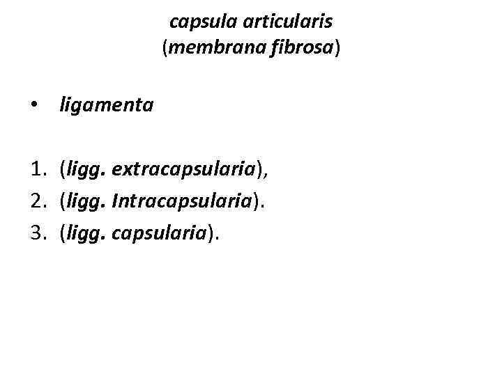 capsula articularis (membrana fibrosa) • ligamenta 1. (ligg. ехtracapsularia), 2. (ligg. Intracapsularia). 3. (ligg.
