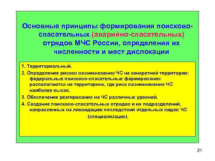  Основные принципы формирования поисковоспасательных (аварийно-спасательных) отрядов МЧС России, определения их численности и мест