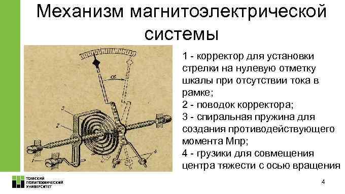 Механизм магнитоэлектрической системы 1 - корректор для установки стрелки на нулевую отметку шкалы при