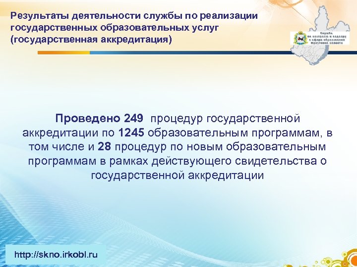 Результаты деятельности службы по реализации государственных образовательных услуг (государственная аккредитация) Проведено 249 процедур государственной