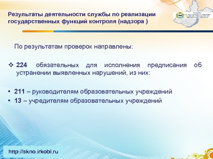 Результаты деятельности службы по реализации государственных функций контроля (надзора ) По результатам проверок направлены: