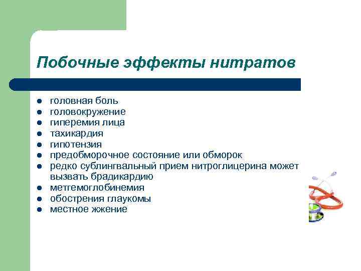 Побочные эффекты нитратов l l l l l головная боль головокружение гиперемия лица тахикардия