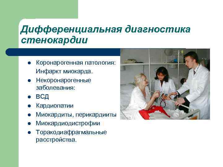 Дифференциальная диагностика стенокардии l l l l Коронарогенная патология: Инфаркт миокарда. Некоронарогенные заболевания: ВСД