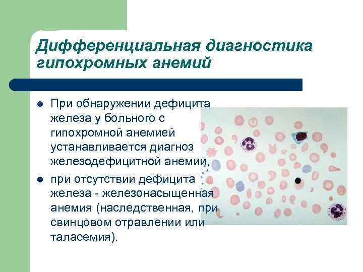 Дифференциальная диагностика гипохромных анемий l l При обнаружении дефицита железа у больного с гипохромной