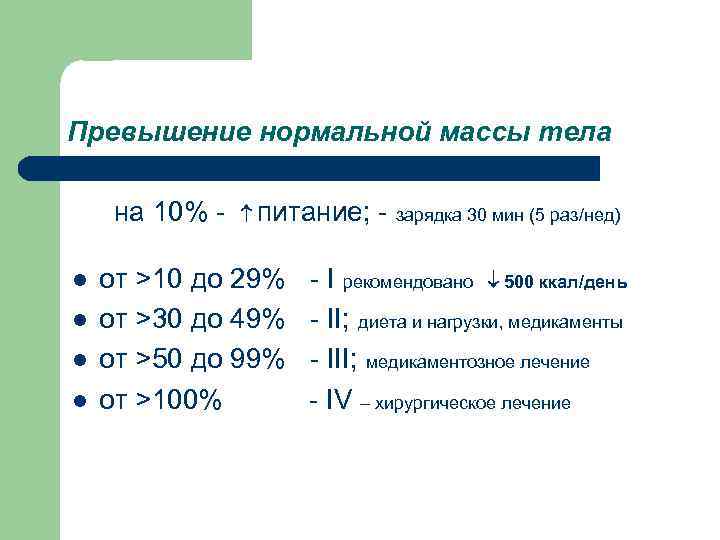 Превышение нормальной массы тела на 10% l l питание; от >10 до 29% от