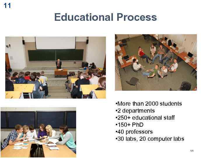11 Educational Process • More than 2000 students • 2 departments • 250+ educational