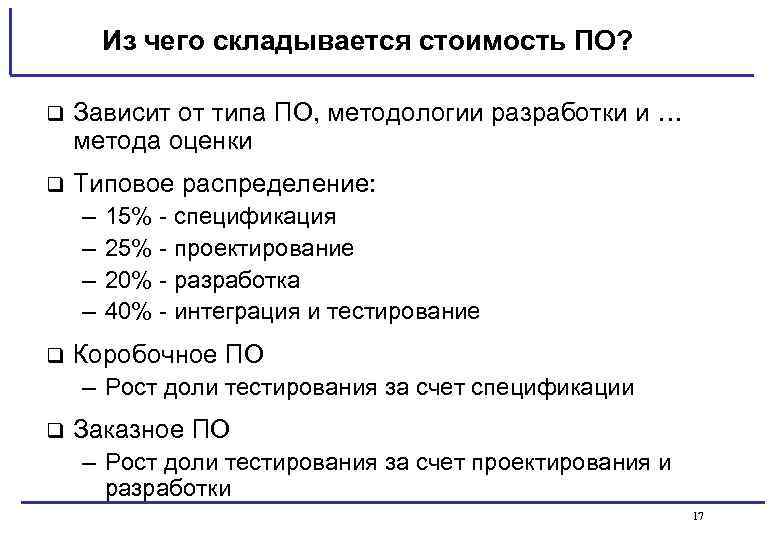 Из чего складывается стоимость ПО? q Зависит от типа ПО, методологии разработки и …
