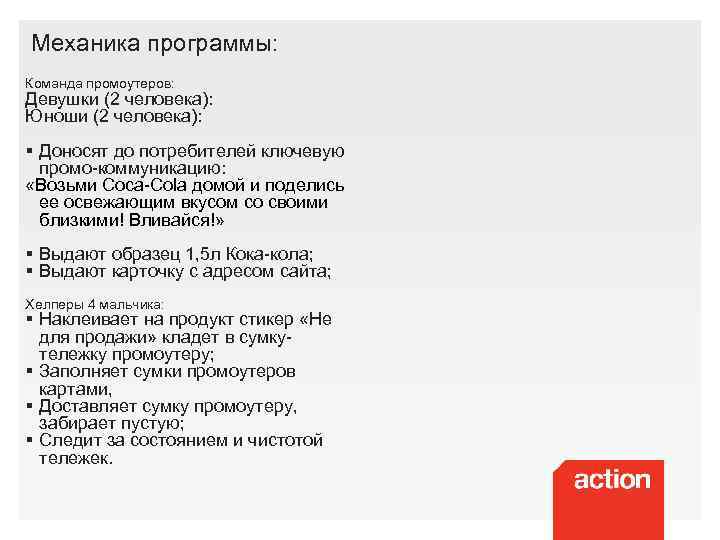 Механика программы: Команда промоутеров: Девушки (2 человека): Юноши (2 человека): § Доносят до потребителей