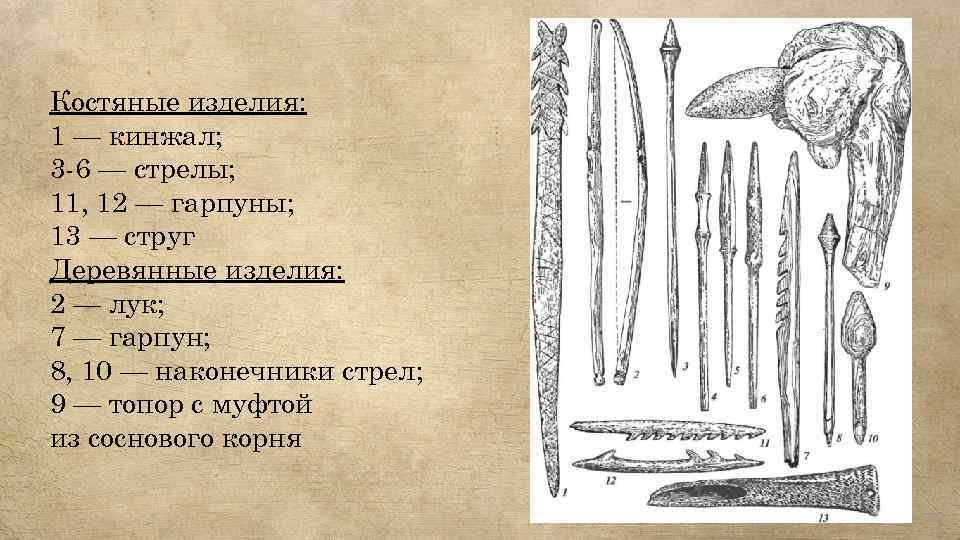 Костяные изделия: 1 — кинжал; 3 -6 — стрелы; 11, 12 — гарпуны; 13