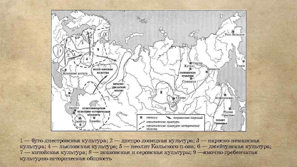 1 — буго-днестровская культура; 2 — днепро-донецкая культура; 3 — нарвско-неманская культура; 4 —