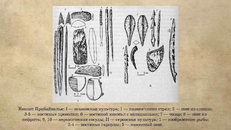 Неолит Прибайкалья: I — исаковская культура; 1 — наконечники стрел; 2 — нож из