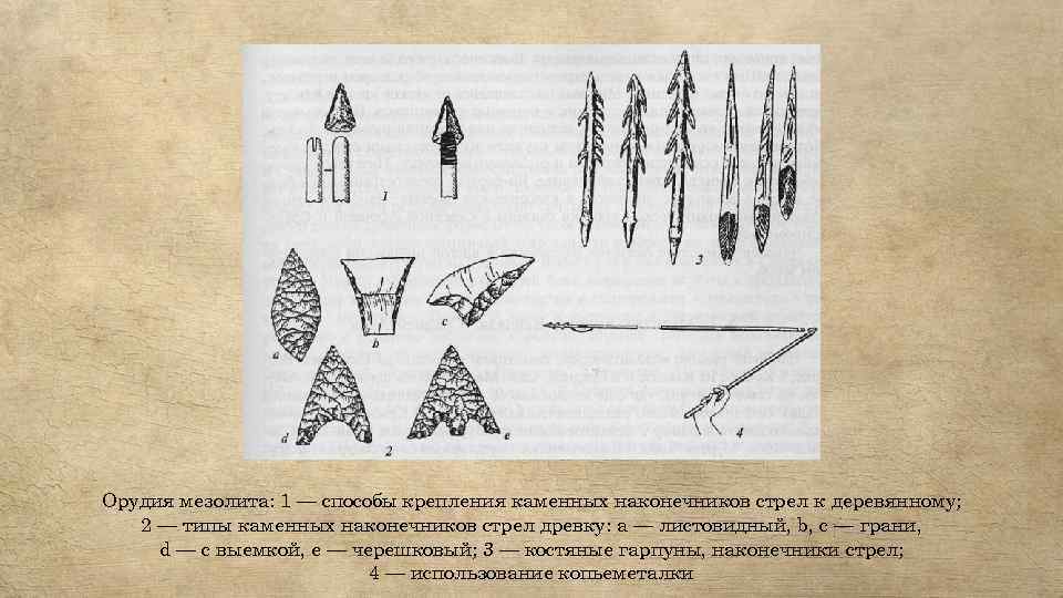 Орудия мезолита: 1 — способы крепления каменных наконечников стрел к деревянному; 2 — типы