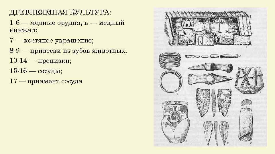 ДРЕВНЕЯМНАЯ КУЛЬТУРА: 1 -6 — медные орудия, в — медный кинжал; 7 — костяное